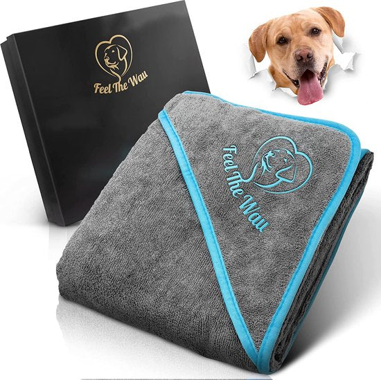 FeelTheWau Hondenhanddoek, extra absorberend, voor grote honden en kleine honden, 1-delige set, grijs, turquoise, 130 x 75 cm, leuk cadeau voor hondenbezitters