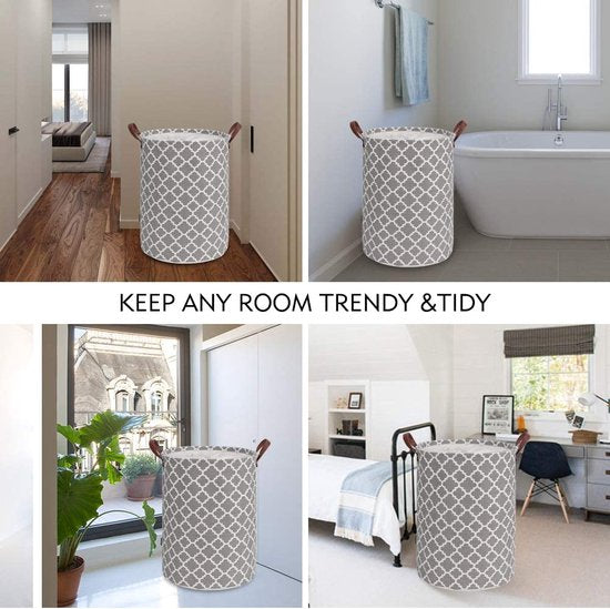 TOTANKI 60L grote wasmand, verdikte wasmand met stevig leren handvat, opvouwbare opbergmand met trekkoordsluiting, vrijstaande wasmand voor slaapkamer, badkamer (grijs, L)