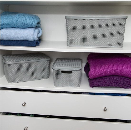 Set van 2 plastic rotan manden met deksels gemaakt van bisfenol A (BPA)-vrij polypropyleen, lichtgrijs, maat S (7 liter)