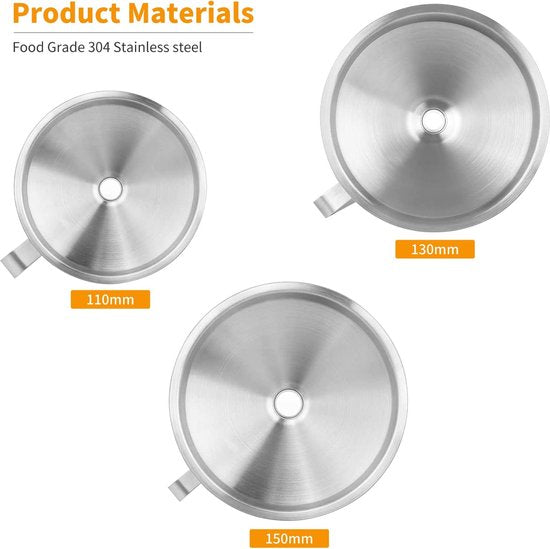 keukentrechters 7 in 1, roestvrijstalen trechterset 3-pack, 2-pack met verwijderbare zeef, voor het overbrengen van vloeistof, vloeistof, poeder, lotion, oliën, 2-delige reinigingsborstels