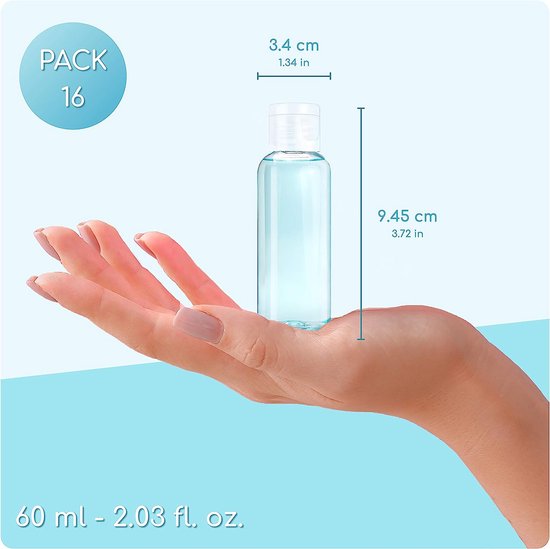 Flip Cap Cosmetische flessen, 16x60 ml, 11x100 ml., transparant