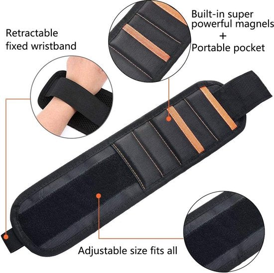 Magnetische herenarmband Heren gereedschapsriem met 15 sterke magneten voor het vasthouden van schroeven/spijkers/boren, magnetische armband cadeaus voor man/vader/doe-het-zelf ambachtslieden/elektricien/echtgenoot (zwart)