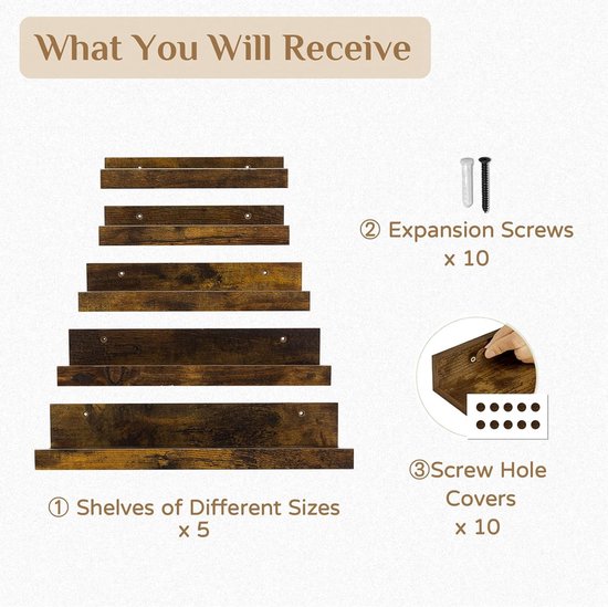 Wandrek, houten rek, 5-delige set, zwevende planken, vintage wandplanken, houten rek voor keuken, kinderkamer, woonkamer