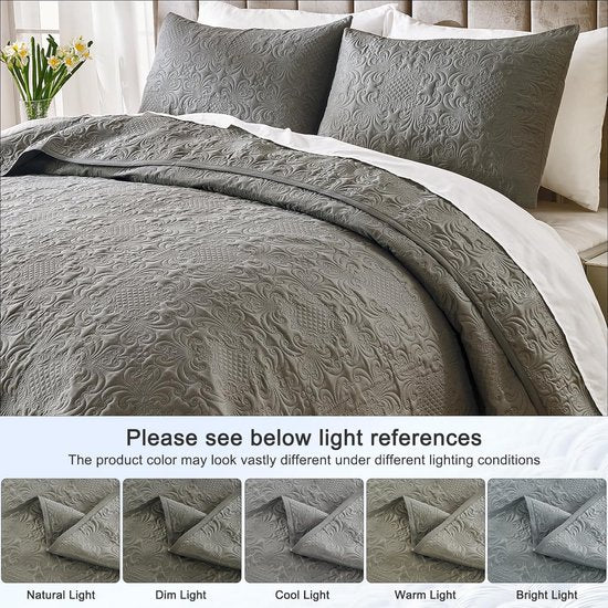 Sprei, 220 x 240 cm, grijs, ultrazachte sprei, bedsprei, bedsprei van microvezel, doorgestikt met 2 kussenslopen, bankdeken, woondeken voor bed