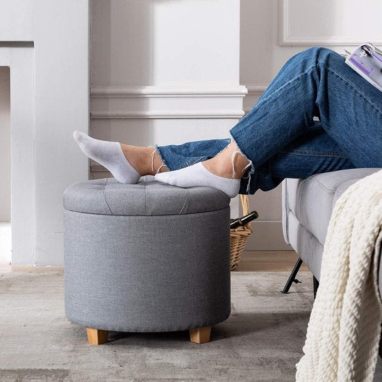 Kruk met opbergruimte, ronde zitting met deksel, zitkist, voetenbankkist opbergdoos, linnen, 44 L, 45 x 45 x 41 cm, lichtgrijs