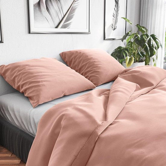 Beddengoed 155 x 220 cm, katoen, roze, ademend, 1 x dekbedovertrek 155 x 220 + 1 x kussensloop 80 x 80, wit