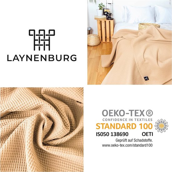 Premium sprei 220 x 240 cm XXL - wafelpiqué 100% katoen - lichte woondeken met wafellook - katoenen deken als bedsprei, bankovertrek, bankdeken (beige)