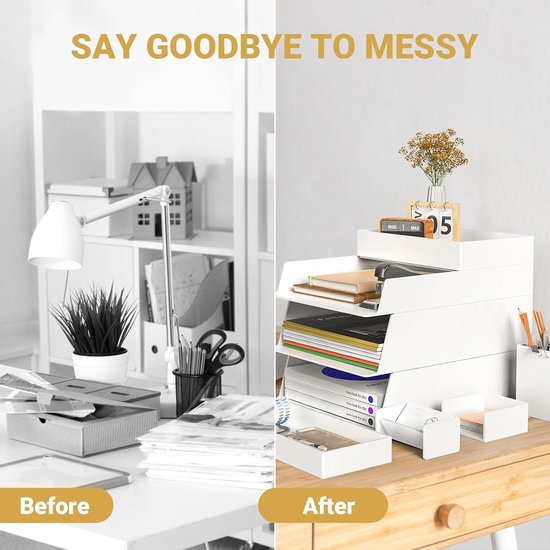 4 verdiepingen brievenbakje, documentenplateaus voor A4, opbergvakken, stapelbaar, bureau van kunststof, papieren organizer met penhouderset, bureauplank, archiefplank, opbergmand