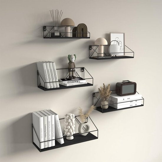 Set van 5 wandplanken, zwevende planken met zwarte metalen staven en zwarte houten plank, rustieke plankenwand voor keuken, badkamer, slaapkamer, woonkamer en kantoor (M-vormig)