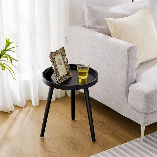 Bijzettafel, zwart rond, kleine salontafel van hout, woonkamertafel, nachtkastje met poten van massief hout, Scandinavische stijl, kleine tafel voor slaapkamer, balkon, 38 x 45 cm