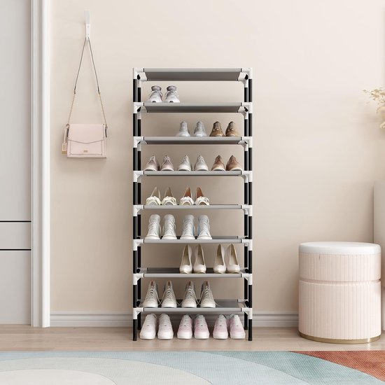 Zwart 8-laags schoenenopbergrek organisator plankhouder standaard voor 24 paar schoenen, extra stevig ontwerp met 16 mm verdikte buizen