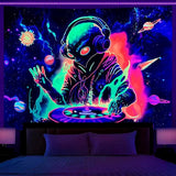 Blacklight Buitenaards Wandtapijt 150 x 200 cm Wandtapijt UV-Reactief Buitenaardse DJing met Hoofdtelefoon Wandtapijt Zon Planeet Poster Wandkleed voor Slaapkamer Woonkamer