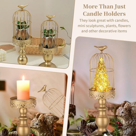 Vintage ontwerpen: the matte gouden oppervlak, de klassieke vorm van een metalen draadkooi en een kleine vogel aan de punt maken deze kooikaarsenhouder