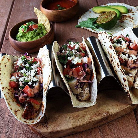 Taco houder, 2 stuks Taco standaard van 304 roestvrij staal met handgrepen, vaatwasmachinebestendig, tortillahouder voor taco's, sandwiches, worsthouders