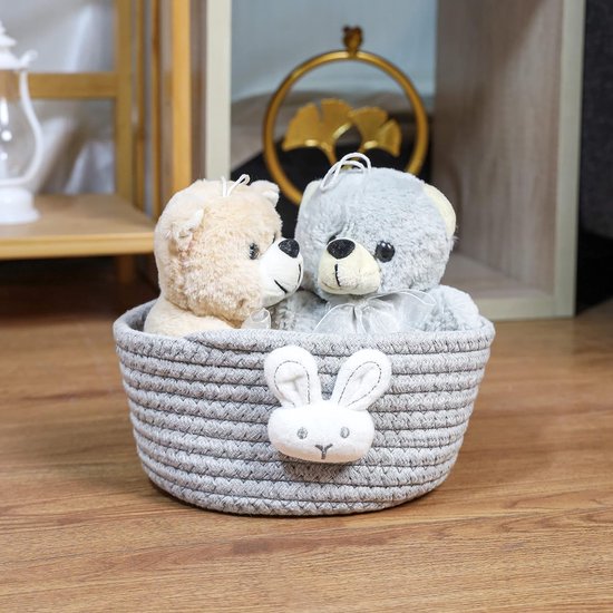 Kleine schattige gevlochten mand - B 19 x H 9,5 cm - Katoenen touwmand voor wasgoed, katten- en hondenspeelgoed - Decoratieve mand voor woonkamerplanken in de kinderkamer - Konijnenontwerp