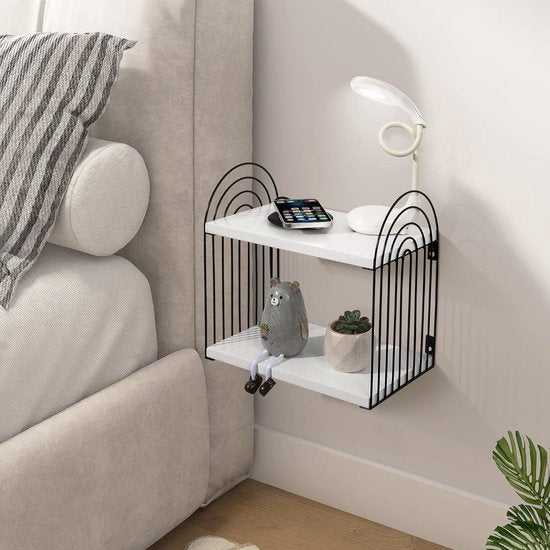 Wandplank, wit, hout, zwart, metaal, nachtkastje, 2 niveaus, zwevende plank, muur, modern, slaapkamer, badkamer, woonkamer, keuken