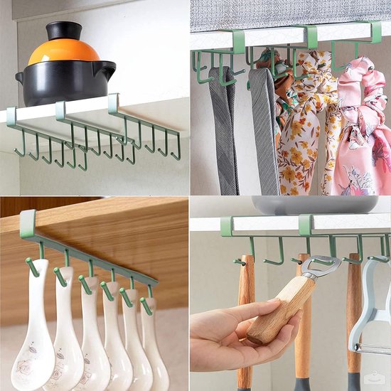 Bekerhouder, kastinzetstuk, mokkenrek, haken zonder boren, haakframe, kopjes, keukenorganizer, onder plank, kopjes, ophangplank, bekerhouder voor stropdassen, riemen, sjaals (2 stuks)