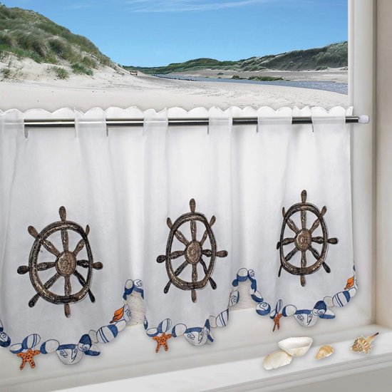 Vitrage stuurwiel voor keuken, badkamer en kinderkamer, wit gordijn met maritiem motief, 45 x 115 cm, modern en transparant bistrogordijn