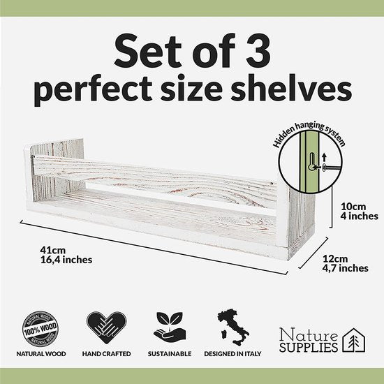 Set van 3 witte massief houten wandplanken - Kinderkamer - Ideaal voor boeken en speelgoed