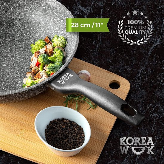 Koekenpan Premium met anti-aanbaklaag Korea Wok, Premium 5 jaar garantie, Vaatwasserbestendig | Geschikt voor alle warmtebronnen: inductie, gas, elektrisch, keramisch en halogeen | (28 cm Wok)