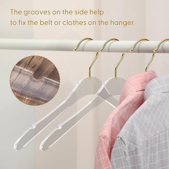 20 stuks acryl hangers transparante acryl kleerhangers met draaibare gouden haak luxe glanzende kleerhangers standaard kleerhangers met antislip inkepingen