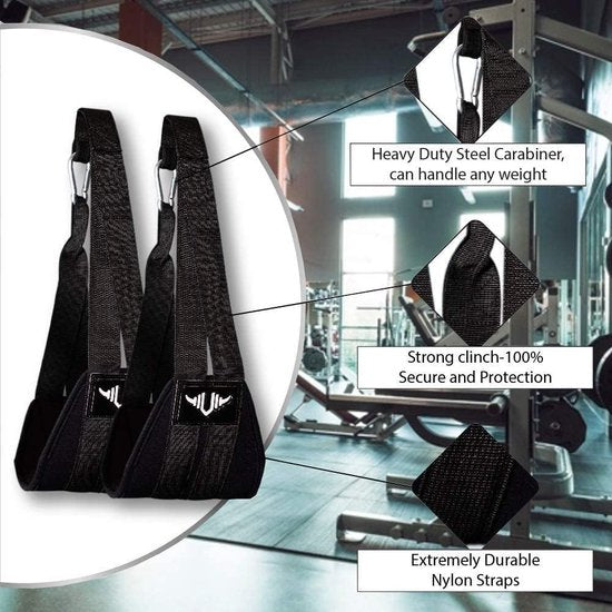 Buiklussen - Premium gevoerde trainingsapparatuur voor thuis en in de sportschool, 1 paar voor optrekstang - Beenophanging + V-Stength Workout-app