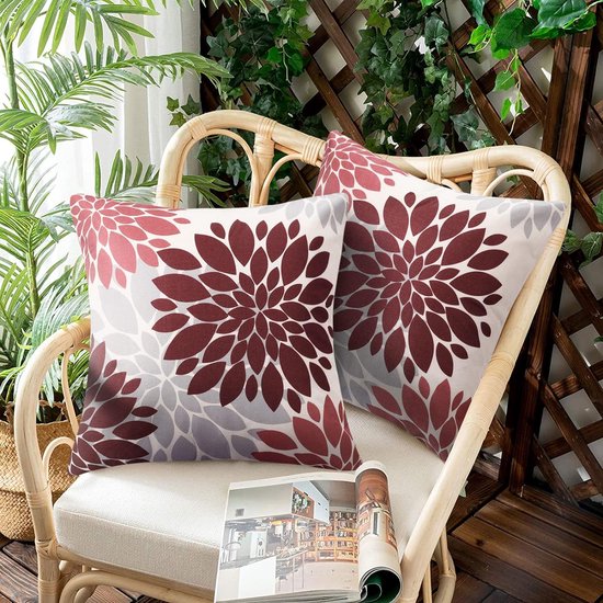 Kussensloop 40 x 40 cm, lente, modern, outdoor, bankkussen, kussenhoes, kussenhoezen, waterdicht, linnen, zomer, rood, dahlia, bloem, voor woonkamer, slaapkamer, bank, tuin, terras, decoratie, set van