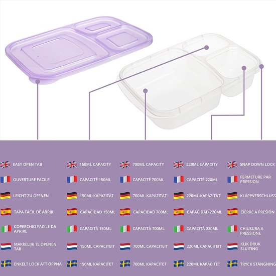 Bento Lunchbox Herbruikbaar 3 compartimenten (7 stuks) Doorzichtige dozen met dekselset - Magnetron-, vaatwasser- en vriezerbestendig - Stapelbare plastic lunchbox Volwassenen en kinderen