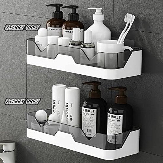2-pack douchecaddy, scheidbare douche-organizer met haken, zonder boren, dubbellaagse doucheplank voor badkamer en keuken (grijs)
