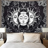 wanddoek tarottapijt, zon en maan wanddoek, esthetisch wandtapijt, psychedelisch wandtapijt zwart en wit muurhangend bohemien mandala wanddoek strandgooi 148 x 200 cm