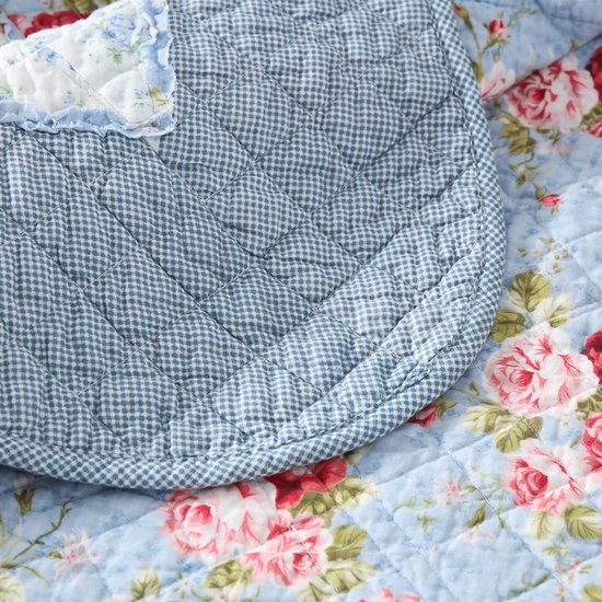 Patchworkdeken, sprei, katoen, 140 x 200 cm, doorgestikt, tweezijdige deken, blauwe bedsprei, 150 x 200 cm, voor eenpersoonsbed, kleine bankdeken in landelijke stijl met bloemenpatroon