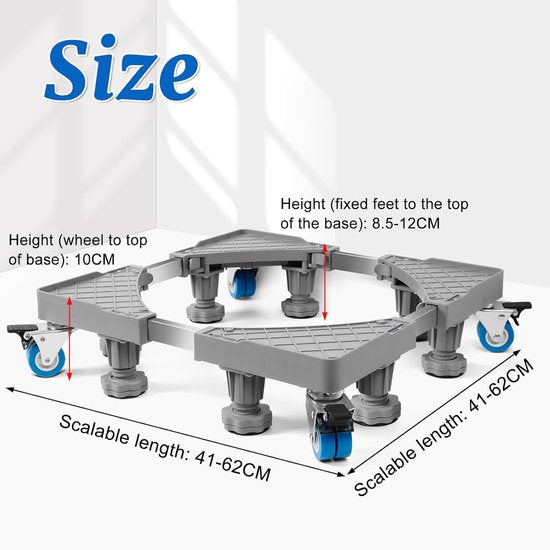 Basisframe wasmachine 8 voet 4 wielen, basisframe wasmachine kan tot 300 kg dragen, maat verstelbaar (41-62 cm), antislip en schokabsorberend, platform voor wasmachine en droger
