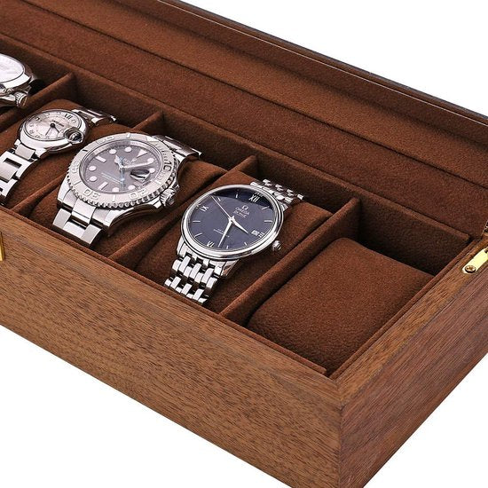 Houten horlogebox voor 6 horloges, met glazen venster, cadeau voor heren en dames