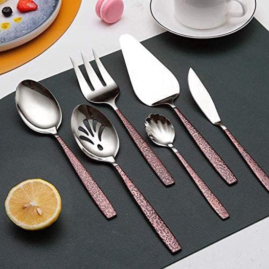 30-delige bestekset met handvat in maanoppervlak en glanzende gouden titaniumcoating, moderne roestvrijstalen bestekset, bestekset, 6 couverts.