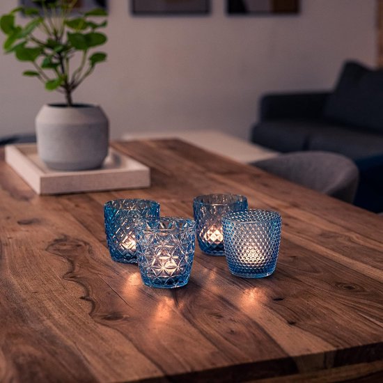 Boho theelichtglazen set incl. theelichtjes - elegante kaarsenhouder windlichten kaarsglas met versieringen - driedimensionaal design - geschenk bruiloft, verjaardag, Kerstmis (set van 4)