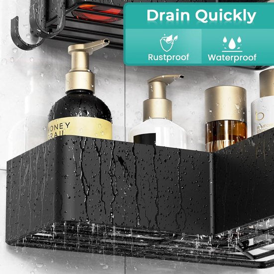 Doucheplank, zonder boren, roestvrij, zelfklevend, badkamerorganizer, hoek, doucheplank met 4 haken en zeephouder, duurzame shampoohouder voor douche van roestvrij staal, 2 stuks