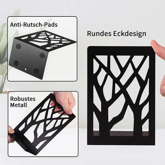 Boeksteun, 3 paar boekensteunen van metaal, boekenhouder, plank, CD, ordnerhouder, DVD, decoratieve letterstandaard voor zware boeken, boekensteunen voor thuiskantoor, boekenstopper, met 1 penhouder (zwart)