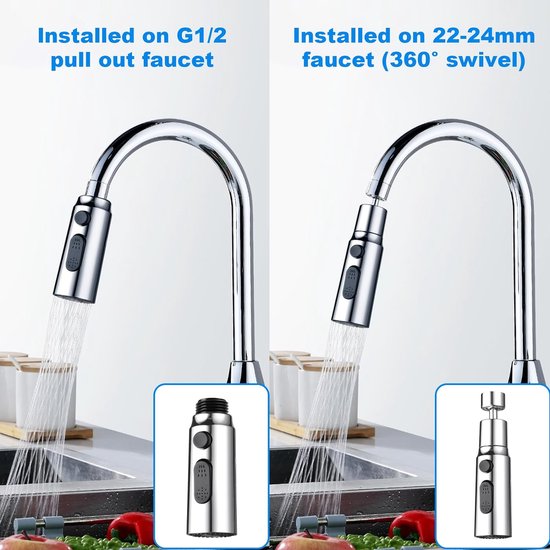 Tap Aerator, 3 Modes Kitchen Bathroom Tap Bubbler Filter with 2 (M22 and F24) Adapters, 360 Degree Swivel Multifunctional Water Saving for Kitchen/Bathroom Tap (Silver)
