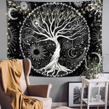 Levensboom wandtapijt zwart-wit-zon-maan-wandtapijt Galaxy Space wandtapijt zwart esthetisch wandtapijt voor slaapkamer L / 150 cm x 200 cm