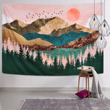 Wandtapijt Bos Boom Bergen Wandtapijt Doek Zonsondergang Wanddoek Muurophanging Landschap Zon Decoratie voor Kinderkamer 150 x 130 cm