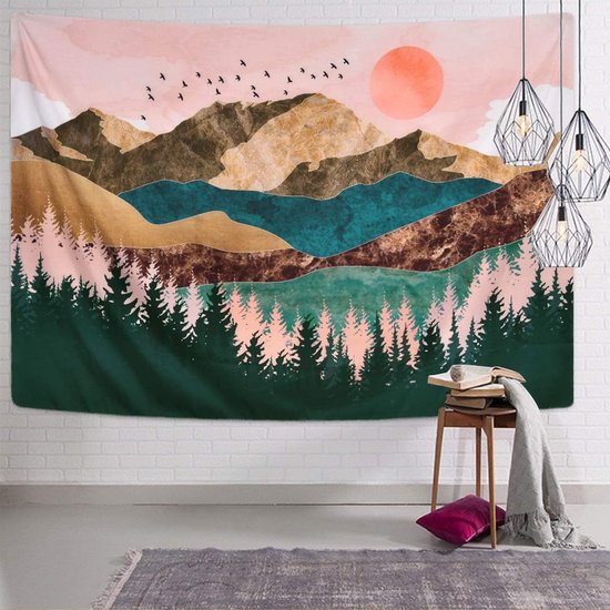 Wandtapijt Bos Boom Bergen Wandtapijt Doek Zonsondergang Wanddoek Muurophanging Landschap Zon Decoratie voor Kinderkamer 150 x 130 cm