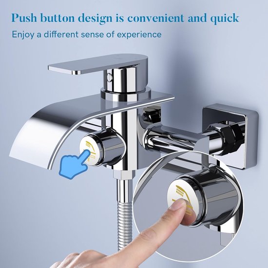 Badkuipkraan, waterval, waterkraan, badkuip, mengkraan met drukschakelaar, eenhandsbadarmatuur van messing, badarmatuur, opbouwbadkraan voor badkamer, chroom