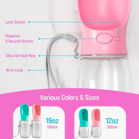 Hondenwaterfles, lekvrije draagbare puppy-waterdispenser met automatische voerbak voor huisdieren buiten, wandelen, reizen, voedselveilig plastic (350 ml, roze)