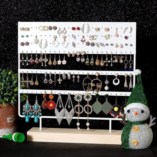 sieradendisplay opbergstandaard met houten sokkel, oorbeldisplay standaard, oorbelhouder voor hangende oorbellen, 144 gaten (wit)