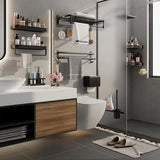 Handdoekhouder, zwart, aluminium, zonder boren, handdoekhouder, wandmontage, gastendoekhouder, badhanddoekhouder met 2 haken, handdoekhouder voor badkamer, keuken, toilet, 40 cm (2 lagen)