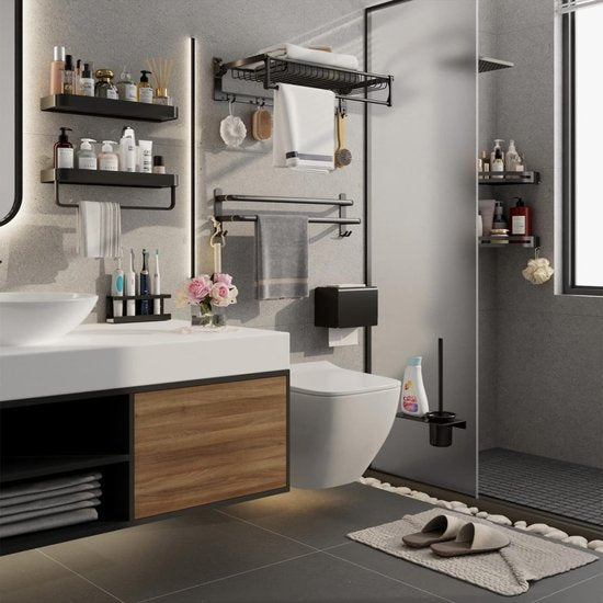 Handdoekhouder, zwart, aluminium, zonder boren, handdoekhouder, wandmontage, gastendoekhouder, badhanddoekhouder met 2 haken, handdoekhouder voor badkamer, keuken, toilet, 40 cm (2 lagen)