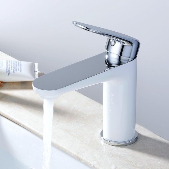 Wastafel-eengreepsmengkraan met één hendel, wit en chroom, 1-gaats wastafelarmatuur met armatuur,