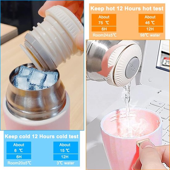 Thermosfles 500 ml, thermoskan met beker, termosflessen, roestvrij staal, thermoskan, koffie & thee, lekvrije waterfles, dubbelwandige thermosfles voor kantoor, outdoor, reizen (roze)