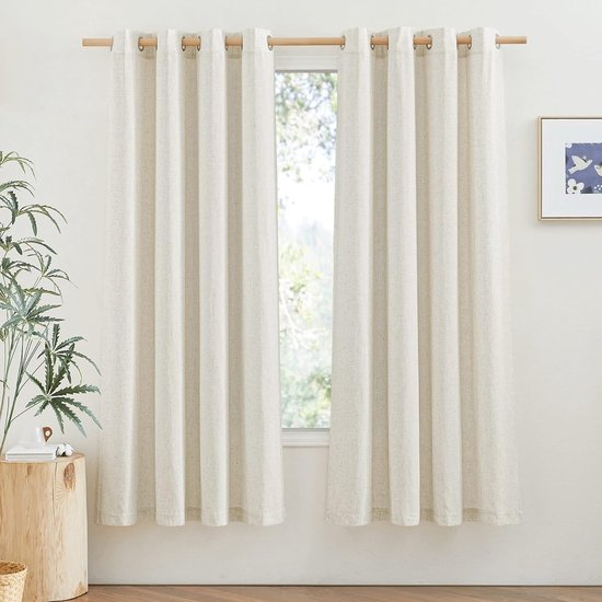 Linen Curtains, Short, Semi-Transparent Linen Curtain, Boho, Set of 2, H 160 x W 140 cm, Living Room Curtains, Linen Look, Short Semi-Transparent Curtains with Eyelets, Linen Curtains,