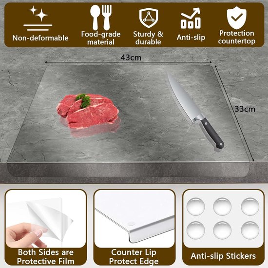 Acryl snijplank, doorzichtige snijplank voor toonbank, 43 x 33 cm, acryl snijplanken met aanslagrand, voor het aanrecht, cadeau, keukengerei, keukengadgets